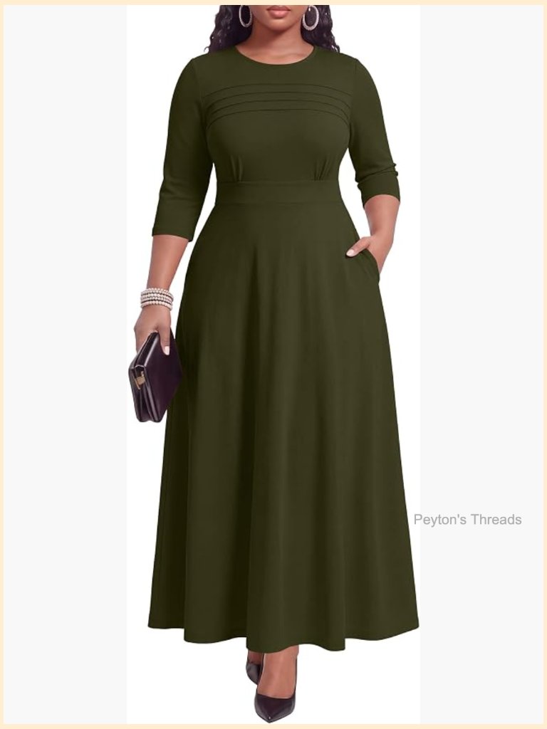 Casual Maxi Dress With Pockets 3/4 Sleeve For Tea Party Church